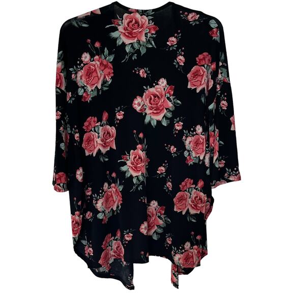 LIME N CHILI OPEN-FRONT CASCADING COVER-UP, WOMENS, M, BLACK W/PINK & GREEN ROSE - Picture 4 of 9